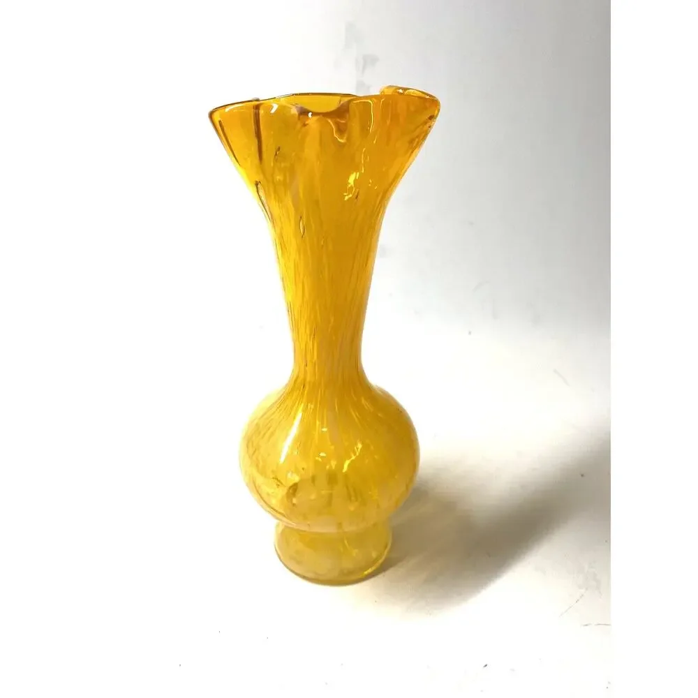 Vintage Orange White Swirl Art Glass Vase Ruffle Rim 6.5 Inch